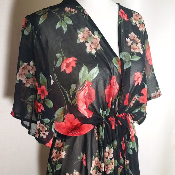 Dark floral Sheer kimono topper with tie waist Women’s 3X - Picture 5 of 8